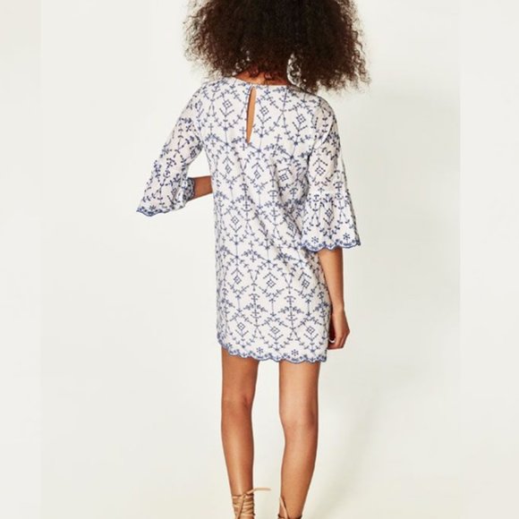 BLOGGER'S FAVE! Zara Boho Embroidered Mini Dress White/Blue Sz S NWT - Picture 8 of 10